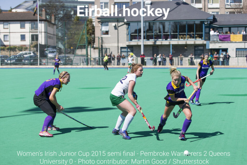 DUBLIN, IRELAND - APRIL 18, 2015: Unidentified athletes playing in the Women's Irish Junior Cup 2015 semi final held between Pembroke Wanderers and Queens University. Pembroke won by 2 goals to nil.