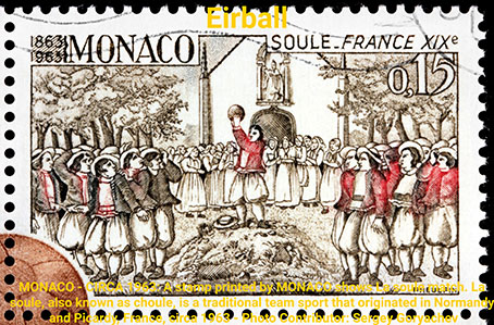 MONACO - CIRCA 1963: A stamp printed by MONACO shows La soule match. La soule, also known as choule, is a traditional team sport that originated in Normandy and Picardy, France, circa 1963
